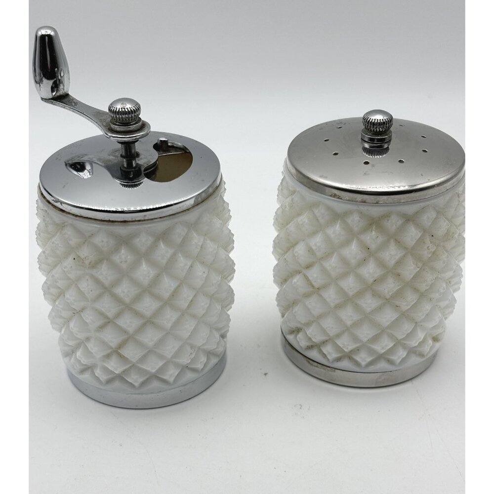 1970s George S Thompson Milk Glass Hobnail Salt and Pepper Grinder Set